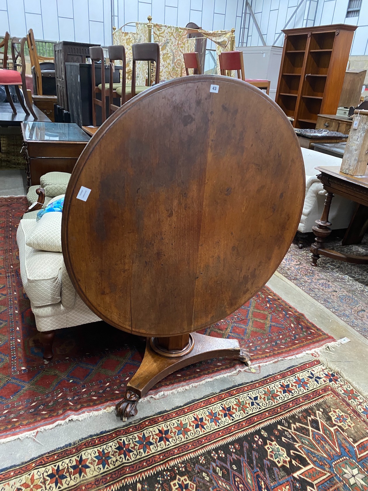 A Victorian circular mahogany tilt top breakfast table, diameter 102cm, height 72cm